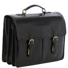 Men's Black Leather Triple Gusset Briefcase with Shoulder Strap