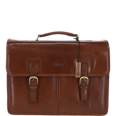 Men's Chestnut Leather Triple Gusset Briefcase with Shoulder Strap