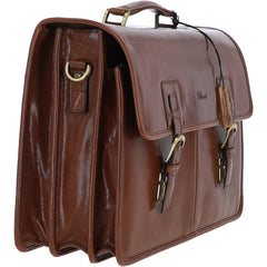 Men's Chestnut Leather Triple Gusset Briefcase with Shoulder Strap