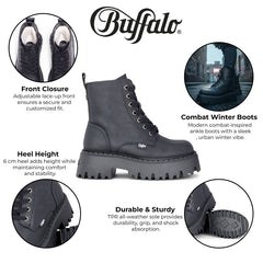 Buffalo - Womens Vegan Leather Black Winter Lace Up Up Combat Hiker Boots - Aspen