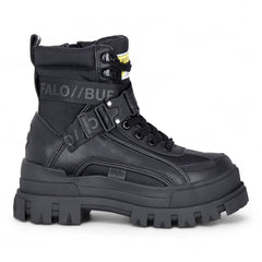 Buffalo - Womens Vegan Leather Black Zip Up Combat Walking Style Boots - Aspha-Com1