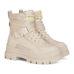 Buffalo - Womens Vegan Leather Beige Zip Up Combat Walking Style Boots - Aspha-Com1