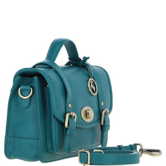 Womens Teal Leather Classic Vintage Satchel Style Bag & Detachable Shoulder Strap