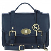 Womens Navy Leather Classic Vintage Satchel Style Bag & Detachable Shoulder Strap