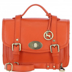 Womens Orange Leather Classic Vintage Satchel Style Bag & Detachable Shoulder Strap