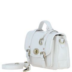 Womens White Leather Classic Vintage Satchel Style Bag & Detachable Shoulder Strap