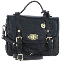Womens Small Black Leather Classic Vintage Satchel Style Handbag & Detachable Shoulder Strap