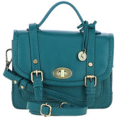 Womens Small Teal Leather Classic Vintage Satchel Style Handbag & Detachable Shoulder Strap