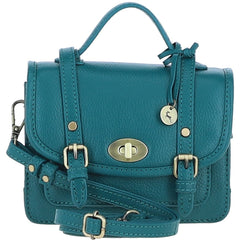 Womens Small Teal Leather Classic Vintage Satchel Style Handbag & Detachable Shoulder Strap