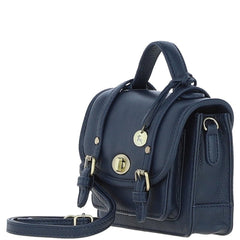 Womens Small Navy Leather Classic Vintage Satchel Style Handbag & Detachable Shoulder Strap