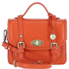 Womens Small Orange Leather Classic Vintage Satchel Style Handbag & Detachable Shoulder Strap