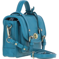 Womens Small Turquoise Leather Classic Vintage Satchel Style Handbag & Detachable Shoulder Strap