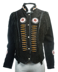 Women's Black Suede Native American Style Jacket with Fringe and Beads - Navajo Ladies