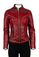 Ladies Antique Red Slim Fit Biker Style Leather Jacket: Ella