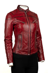 Ladies Antique Red Slim Fit Biker Style Leather Jacket: Ella