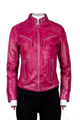 Ladies Antique Pink Slim Fit Biker Style Leather Jacket: Ella