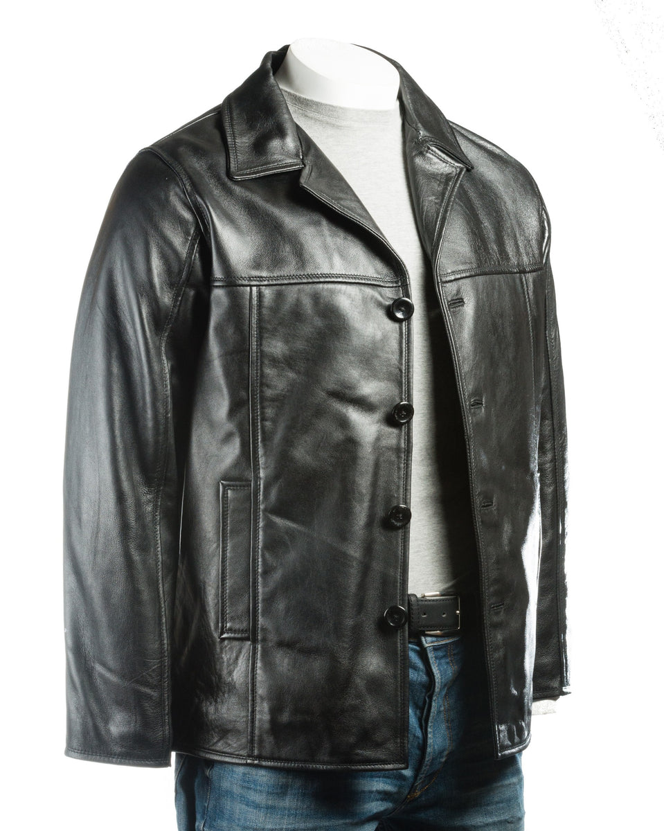 Men s Black Reefer Style Leather Jacket Giovanni