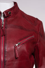Ladies Antique Red Slim Fit Biker Style Leather Jacket: Ella