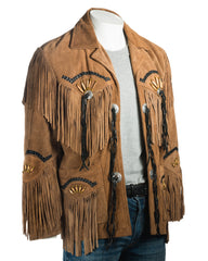 Men's Tan Suede Native American Western Style Jacket with Fringe and Beads - Navajo Men's