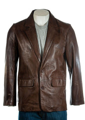 Men's Brown Classic Two Button Single Breasted Leather Blazer: Marcello