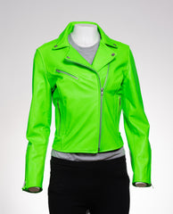 Ladies Fluorescent Green Leather Biker Jacket - Caroline