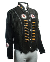 Women's Black Suede Native American Style Jacket with Fringe and Beads - Navajo Ladies