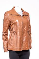 Ladies Tan Hip Length Toggle Waist Leather Jacket: Berta