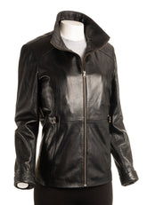 Ladies Black Hip Length Toggle Waist Leather Jacket: Berta