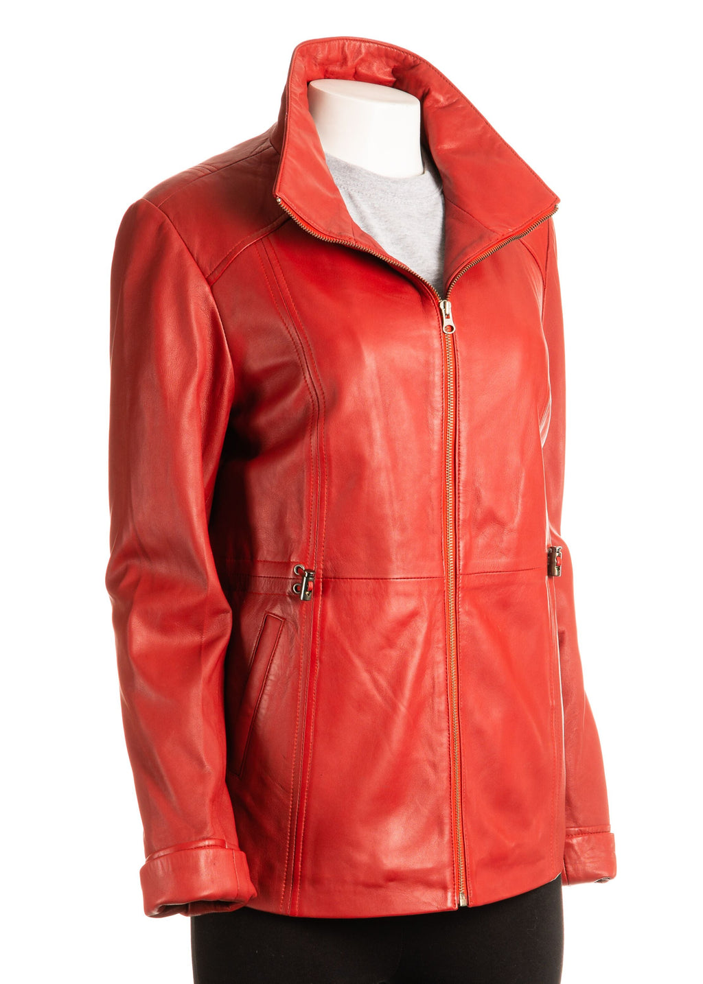 Ladies Red Hip Length Toggle Waist Leather Jacket: Berta