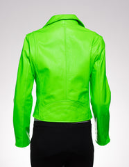 Ladies Fluorescent Green Leather Biker Jacket - Caroline