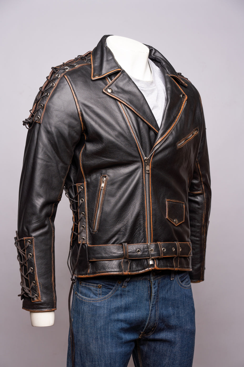 Men's Embossed Brando Style Cow Hide Biker Jacket with Laces - Abe