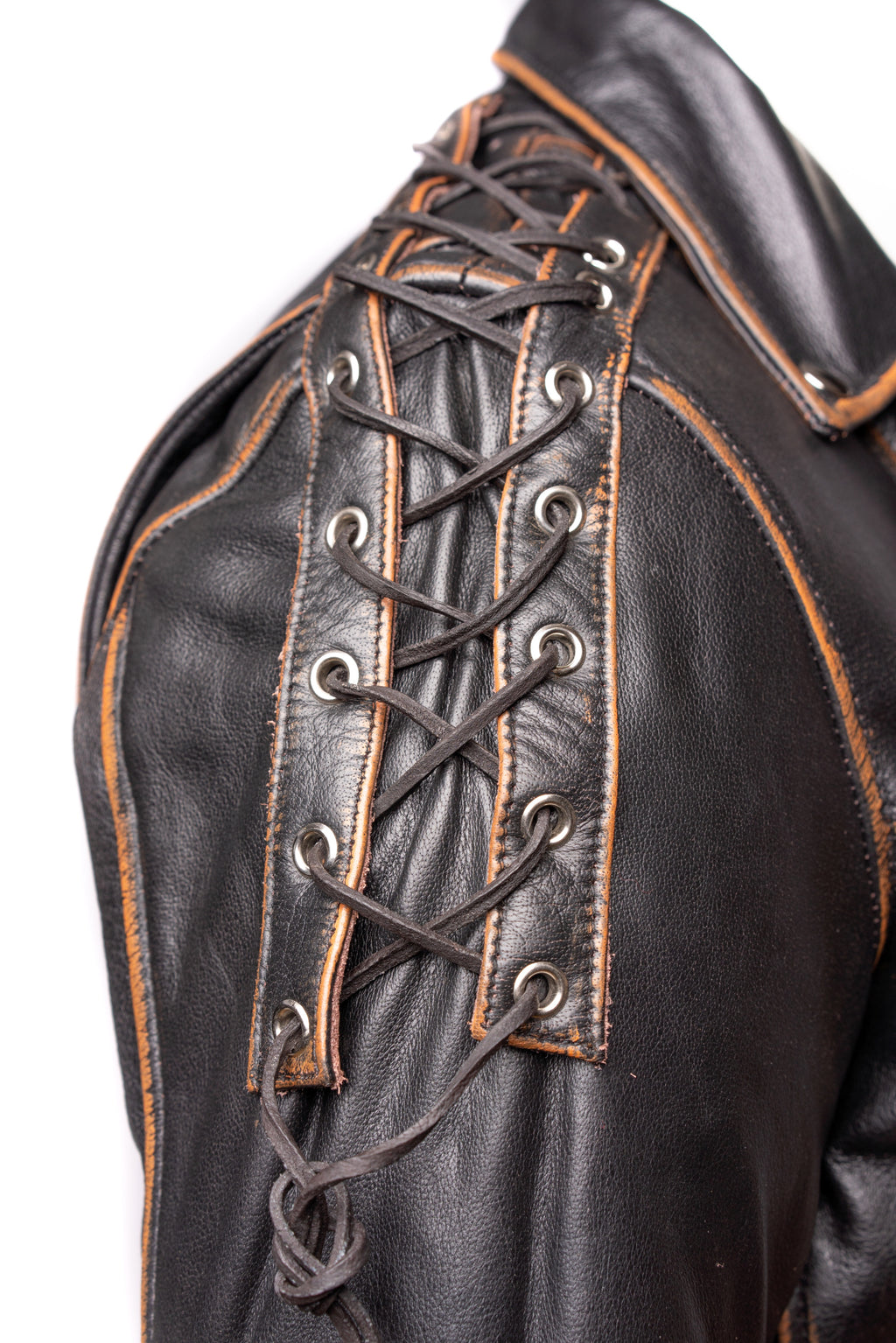 Men's Embossed Brando Style Cow Hide Biker Jacket with Laces - Abe