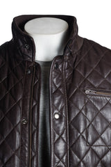 Men's Brown Quilted Leather Coat with Diamond Stitch - Javier