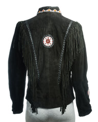 Women's Black Suede Native American Style Jacket with Fringe and Beads - Navajo Ladies