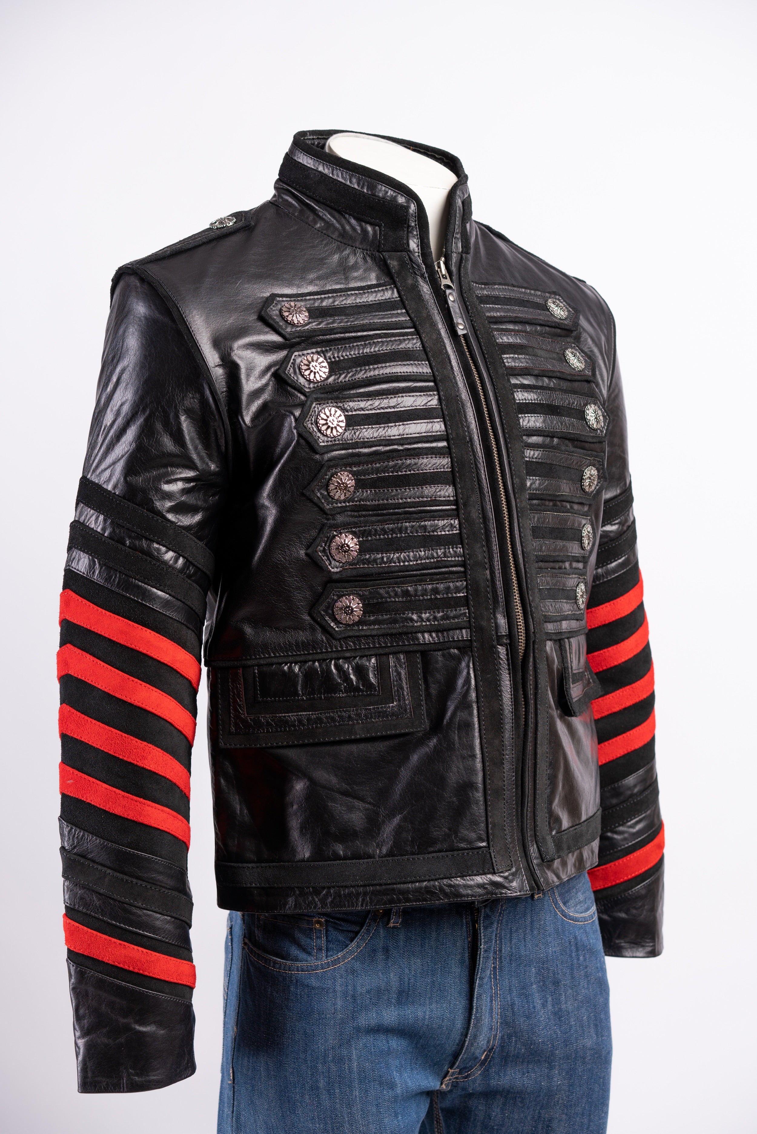 Men's Gothic Military Jacket With Suede Paneling: Gerard Black and Red S