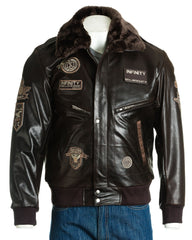 Men's Brown Aviator Pilot Flight A2 Style Leather Jacket With Patch Detail And Detachable Faux Fur Collar: Giuseppe