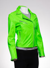 Ladies Fluorescent Green Leather Biker Jacket - Caroline