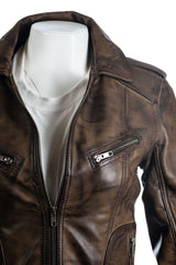 Ladies Antique Brown Symmetric Biker Style Leather Jacket: Camilla