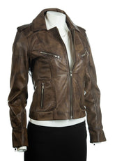 Ladies Antique Brown Symmetric Biker Style Leather Jacket: Camilla