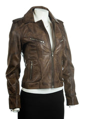 Ladies Antique Brown Symmetric Biker Style Leather Jacket: Camilla