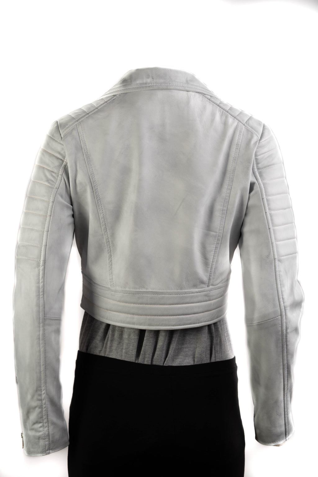 Ladies Antique White Cropped Leather Biker Style Jacket: Concetta