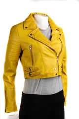 Ladies Yellow Cropped Leather Biker Style Jacket: Concetta