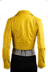Ladies Yellow Cropped Leather Biker Style Jacket: Concetta