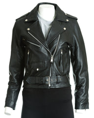 Women's Black Classic Brando Biker Style Cow Hide Leather Jacket: Gemma