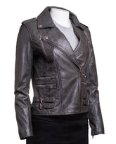 Ladies Grey Buckled Asymmetric Biker Style Leather Jacket: Angelica