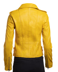 Ladies Yellow Buckled Asymmetric Biker Style Leather Jacket: Angelica