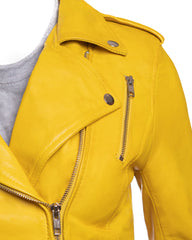 Ladies Yellow Buckled Asymmetric Biker Style Leather Jacket: Angelica