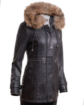 Ladies Black Leather Parka Coat With Detachable Hood - Nancy