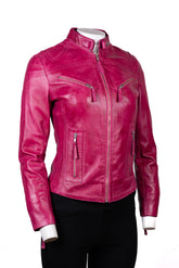 Ladies Antique Pink Slim Fit Biker Style Leather Jacket: Ella