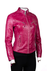 Ladies Antique Pink Slim Fit Biker Style Leather Jacket: Ella